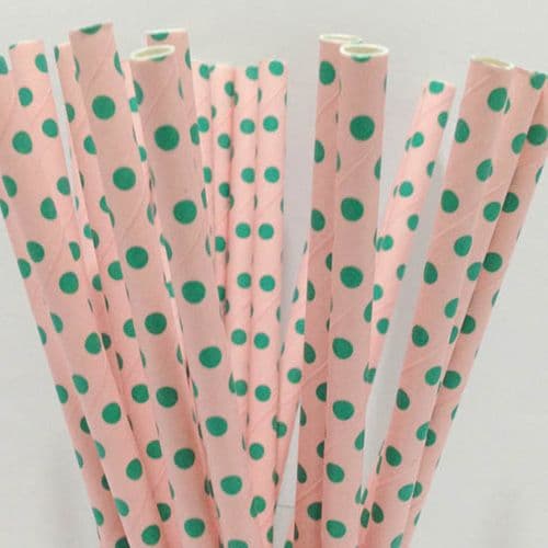 Χάρτινα Καλαμάκια Μίντ Πουά σε Ροζ  / Mint Dots Pink Paper Straws