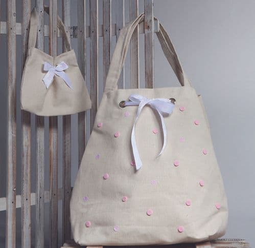 Christening cotton bag with light pink dots / Τσάντα βάπτισης βαμβακερή με πουά ροζ